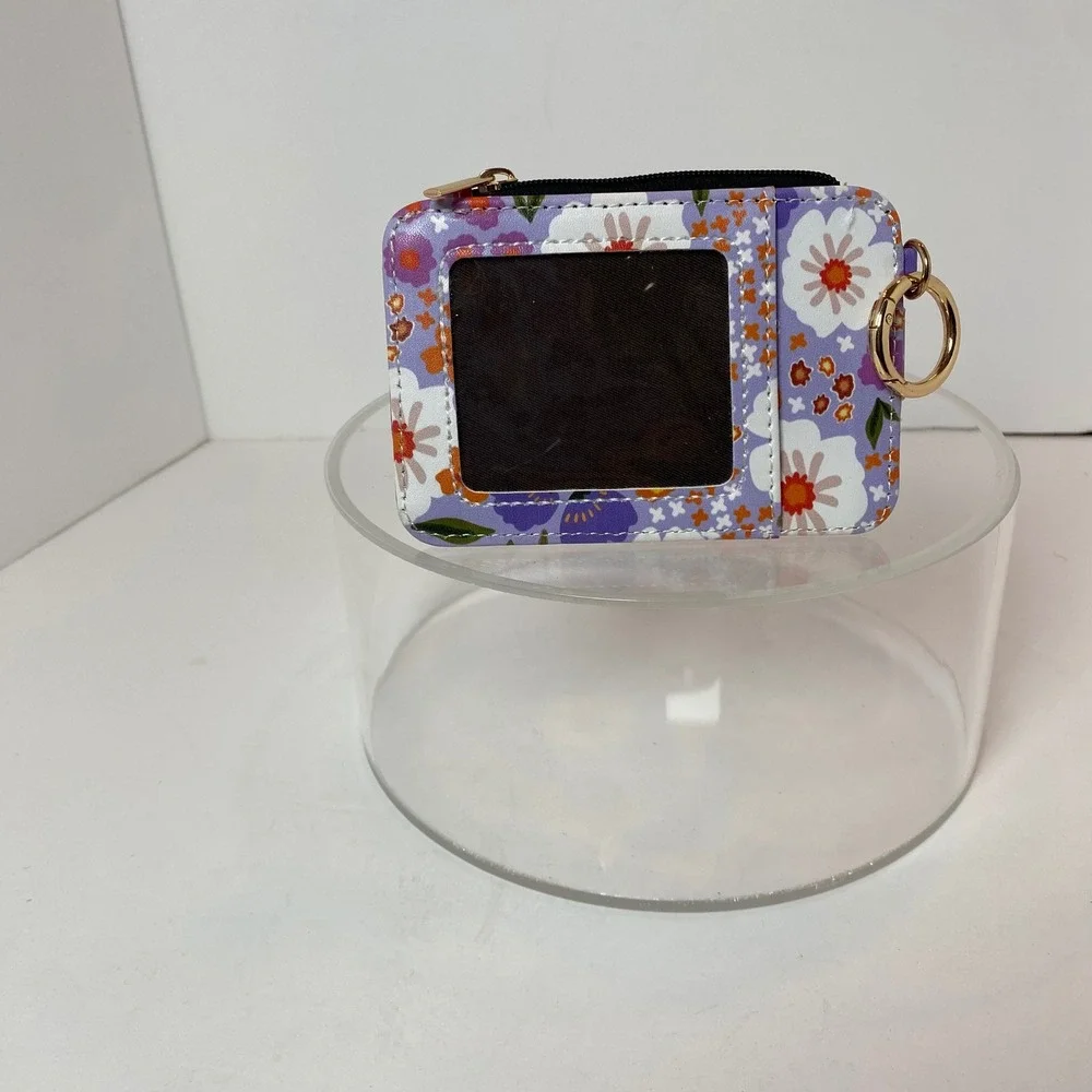 Purple Floral Card‎ Holder Wallet with ID Window Keyring and Zipper Pocket